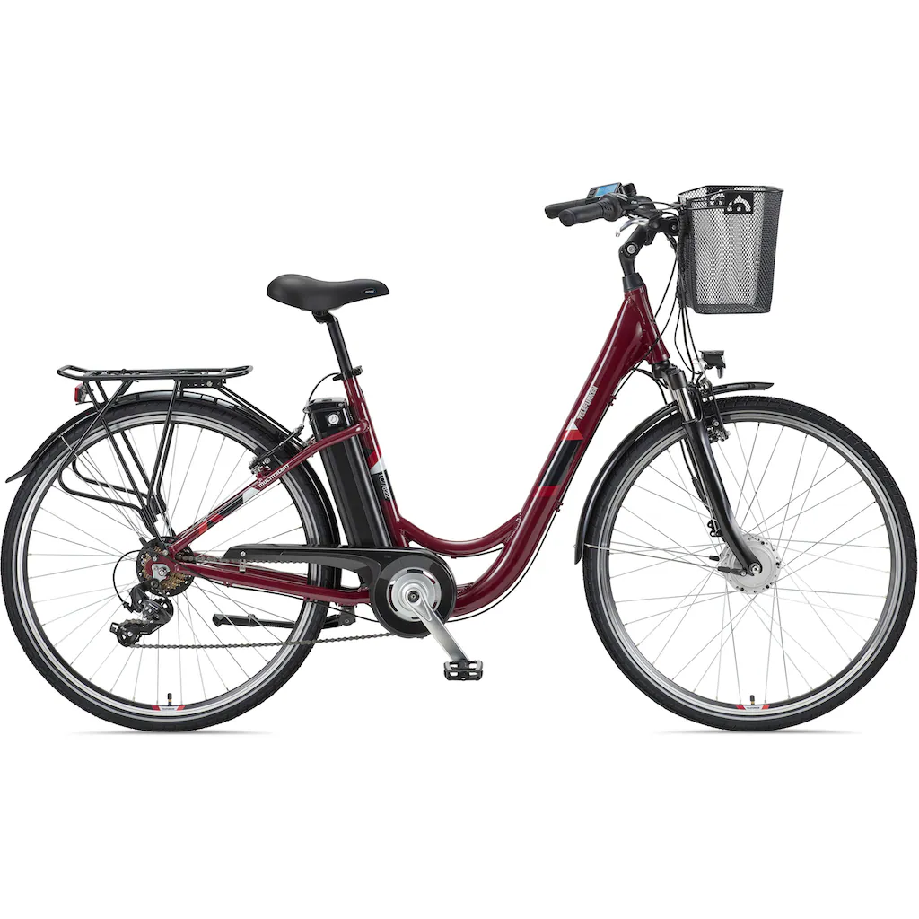 Telefunken E-Bike »Multitalent RC822« 7 Gang Shimano Tourney Frontmotor 250 W (ca. 100 km Reichweite-2 V-Bremsen-Beleuchtung-Straßenzulassung) City Elektrofahrrad Damen Herren 28 Zoll 36 V 374 Wh Akku Pedelec auf Rechnung