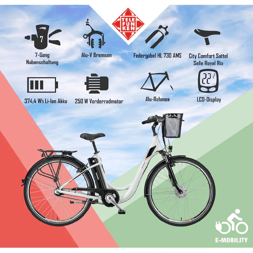Telefunken E-Bike »Multitalent RC840« 7 Gang Shimano Nexus Frontmotor 250 W Pedelec Elektrofahrrad für Damen u. Herren Cityrad auf Rechnung online bestellen Super Rabatt