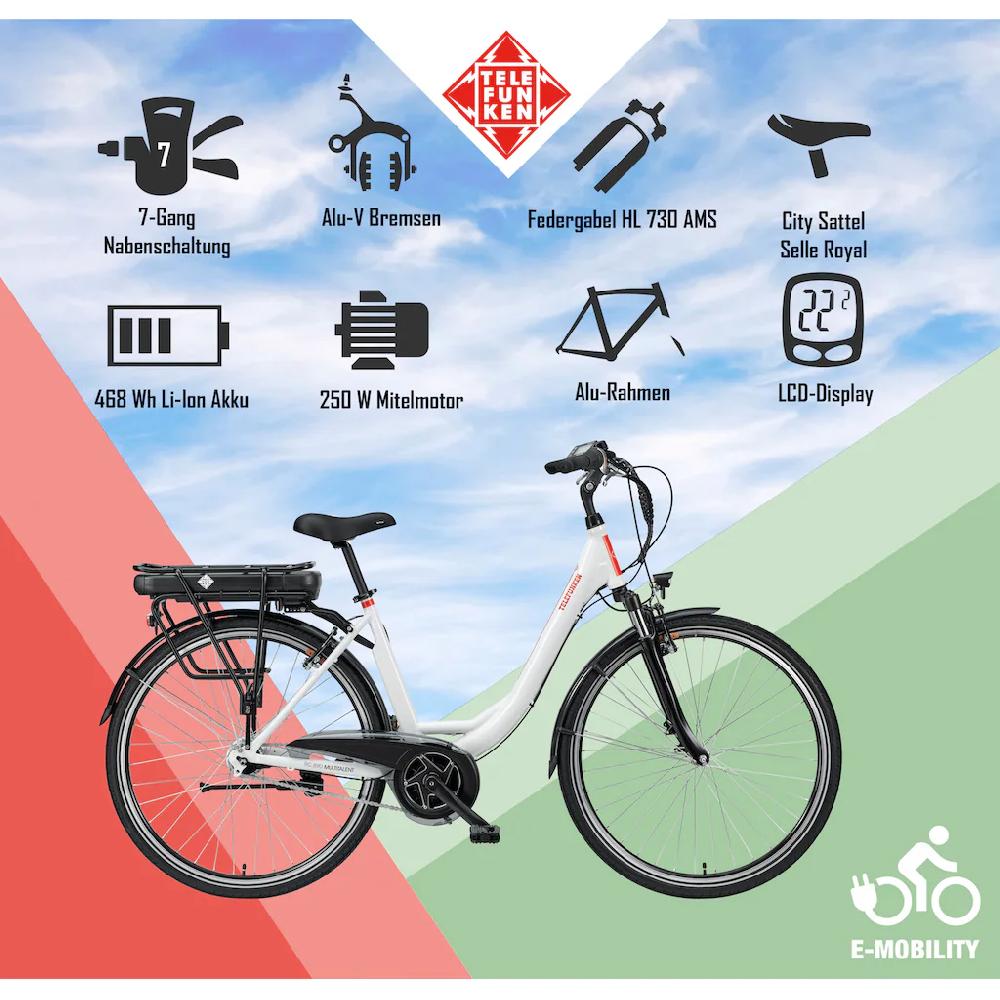Telefunken E-Bike »Multitalent RC890« 7 Gang Shimano Nexus Mittelmotor 250 W Pedelec Elektrofahrrad für Damen u. Herren Cityrad Speichern exportieren