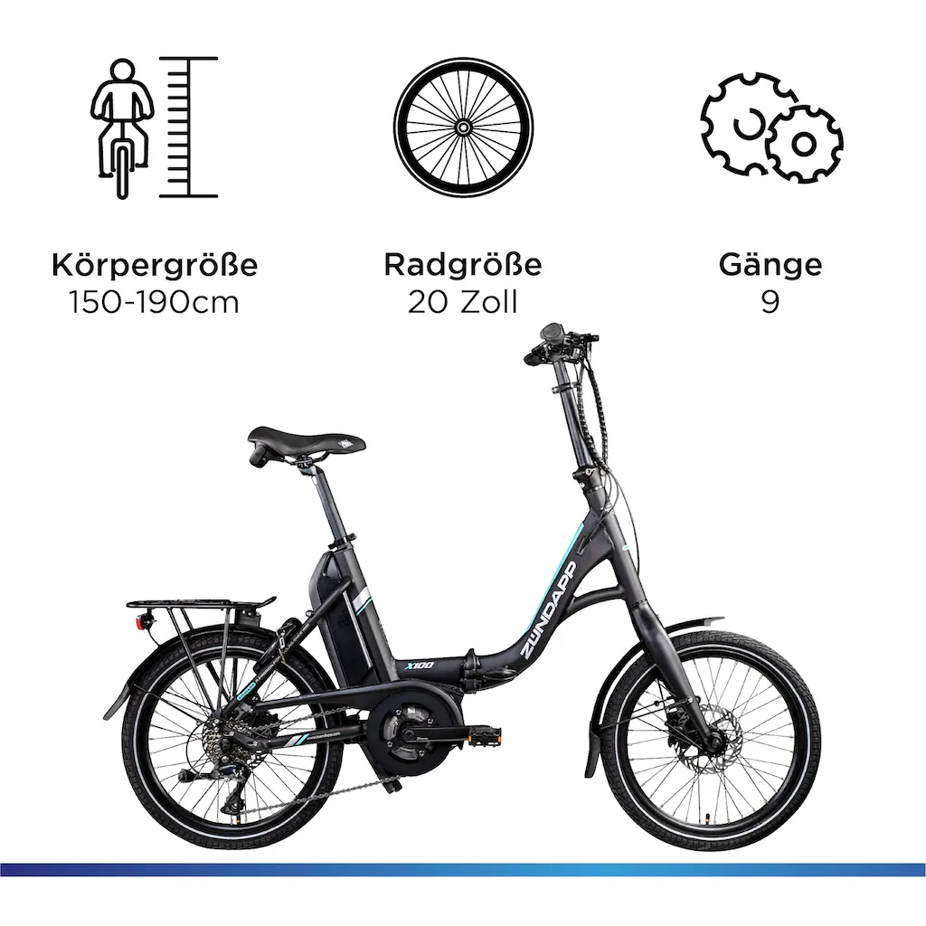 Zündapp E-Bike »X100« 9 Gang Shimano Sora Mittelmotor 250 W Pedelec Elektrofahrrad für Damen u. Herren Faltrad auf Rechnung online kaufen Verkauf