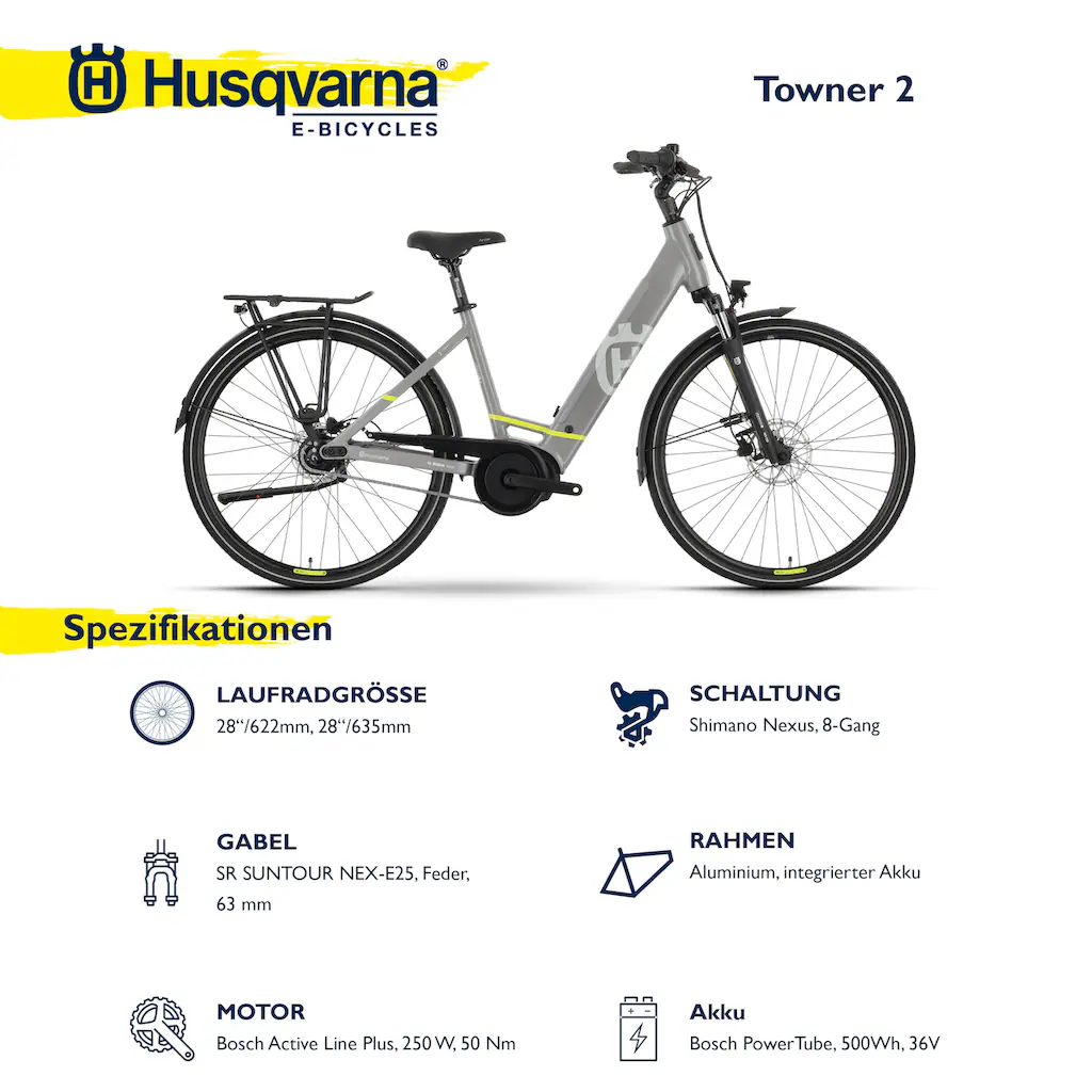 Husqvarna E-BICYCLES E-Bike »E-Citybike Towner 2« 8 Gang Shimano Nexus Mittelmotor 250 W (28 Zoll Bosch Motor Rücktritt Scheibenbremsen mit Straßenzulassung) Pedelec Elektrofahrrad für Herren u. Damen Cityrad tiefer Einstie Schlussverkauf