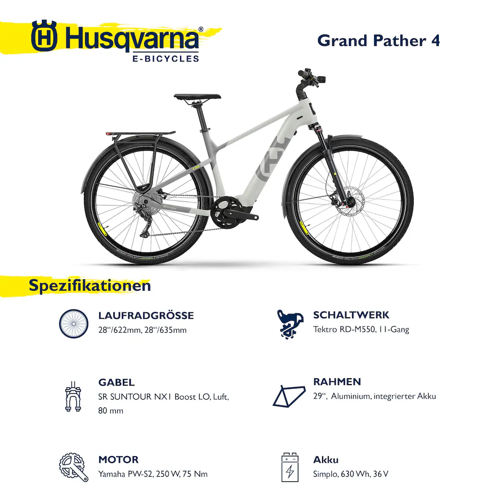 Husqvarna E-BICYCLES E-Bike »E-Trekkingbike Grand Pather 4« 11 Gang Tektro RD-M550 Mittelmotor 250 W (28 Zoll Yamaha Motor Scheibenbremsen mit Straßenzulassung) Pedelec Elektrofahrrad für Herren Trekkingrad auf Raten Online Shopping