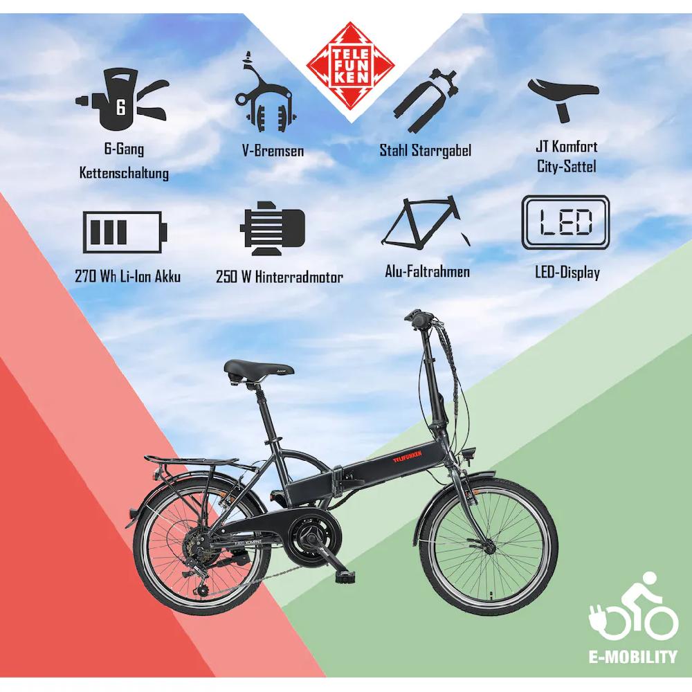Telefunken E-Bike »Kompakt F820« 6 Gang Shimano Tourney Heckmotor 250 W Pedelec Elektrofahrrad für Damen u. Herren Faltrad auf Rechnung online bestellen Neueste Mode