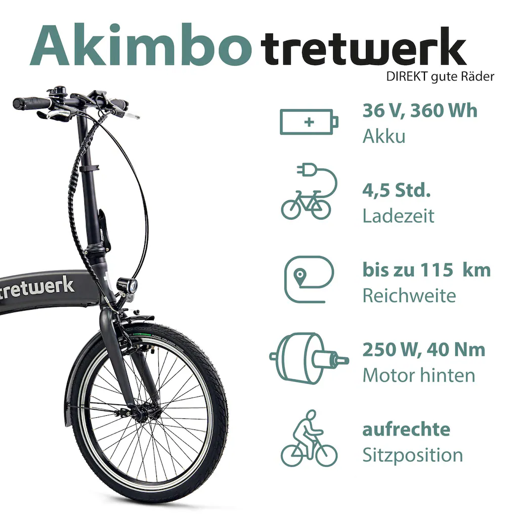Tretwerk E-Bike »Akimbo« 8 Gang Shimano Acera M3020 SGS Heckmotor 250 W Pedelec Elektrofahrrad für Damen u. Herren Faltrad Tiefpreis