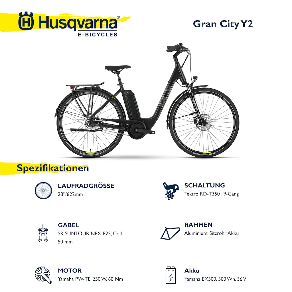 Husqvarna E-BICYCLES E-Bike »E-Citybike Grand City Y2« 9 Gang Tektro RD-T350 Mittelmotor 250 W (28 Zoll Yamaha Motor Scheibenbremsen mit Straßenzulassung) Pedelec Elektrofahrrad für Herren u. Damen Cityrad tiefer Einstieg Riesige Rabatte