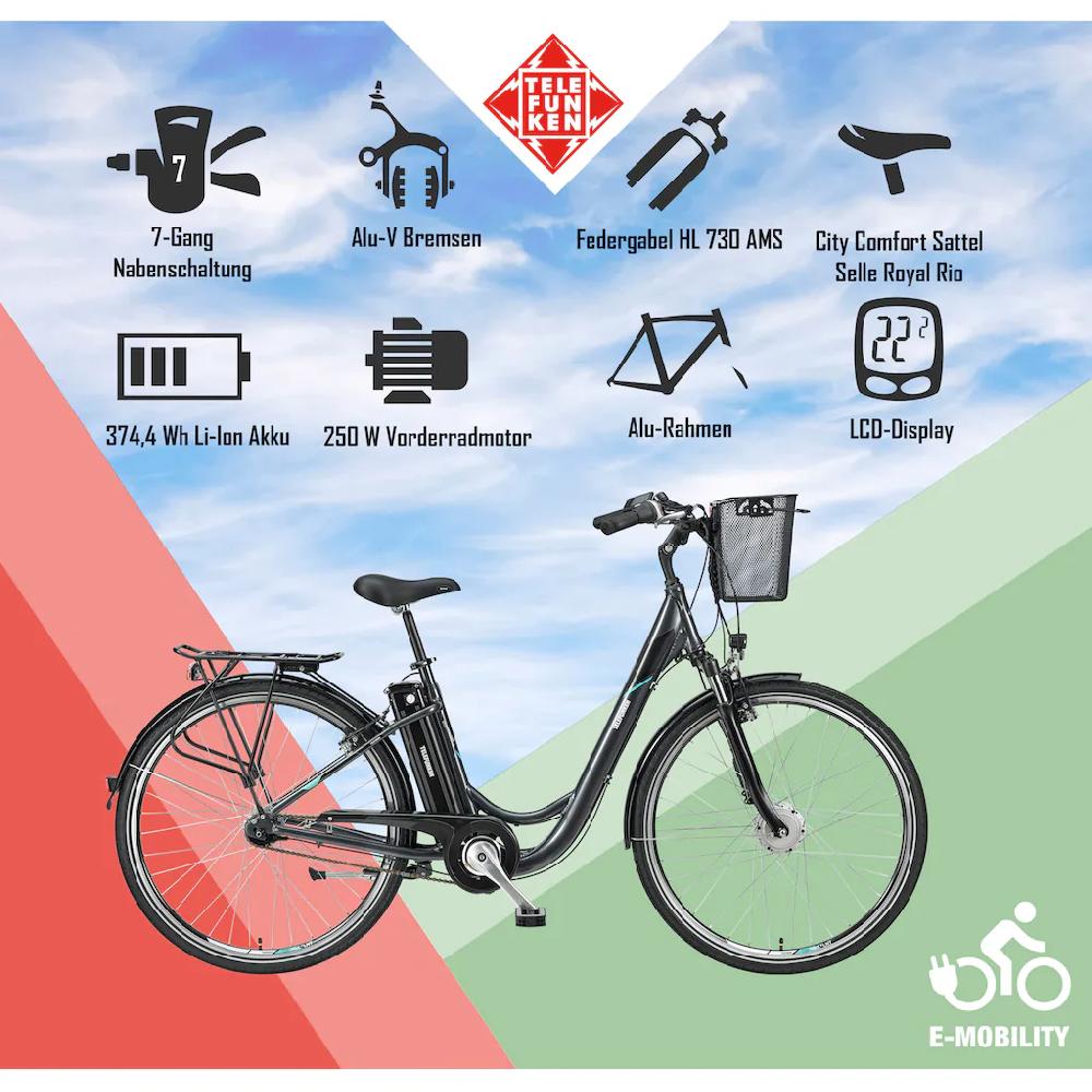 Telefunken E-Bike »Multitalent RC840« 7 Gang Shimano Nexus Frontmotor 250 W Pedelec Elektrofahrrad für Damen u. Herren Cityrad Günstiger Verkauf