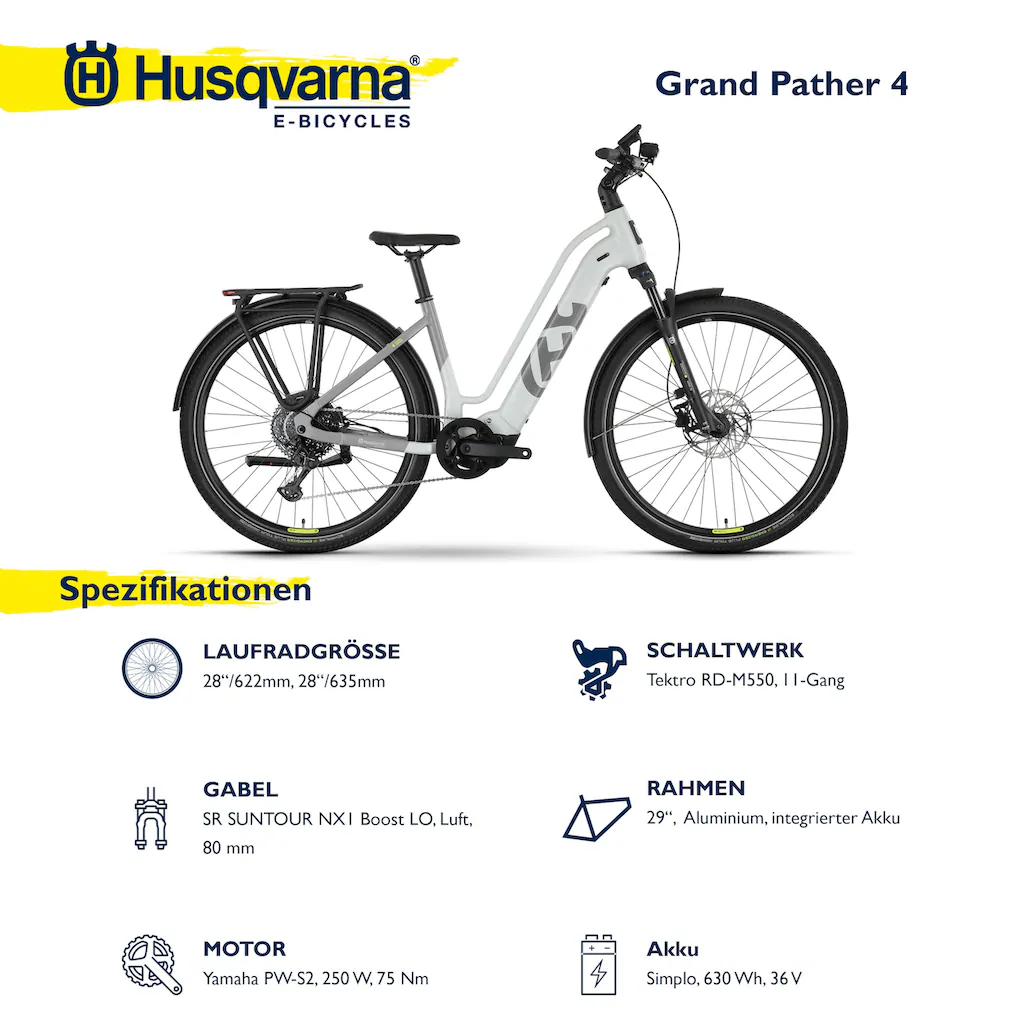 Husqvarna E-BICYCLES E-Bike »E-Trekkingbike Grand Pather 4« 11 Gang Tektro RD-M550 Mittelmotor 250 W (tiefer Einstieg 28" Yamaha Motor Scheibenbremsen Straßenzulassung) Pedelec Elektrofahrrad für Herren Trekkingrad auf Rechn Fabrikpreis