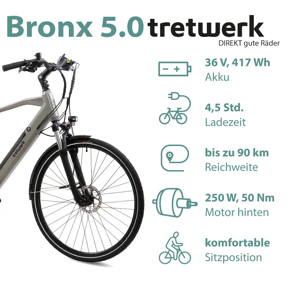 Tretwerk E-Bike »Bronx 5.0« 24 Gang Shimano Altus M310 Heckmotor 250 W Pedelec Elektrofahrrad für Damen u. Herren Trekkingrad auf Rechnung online kaufen Versandkostenfrei