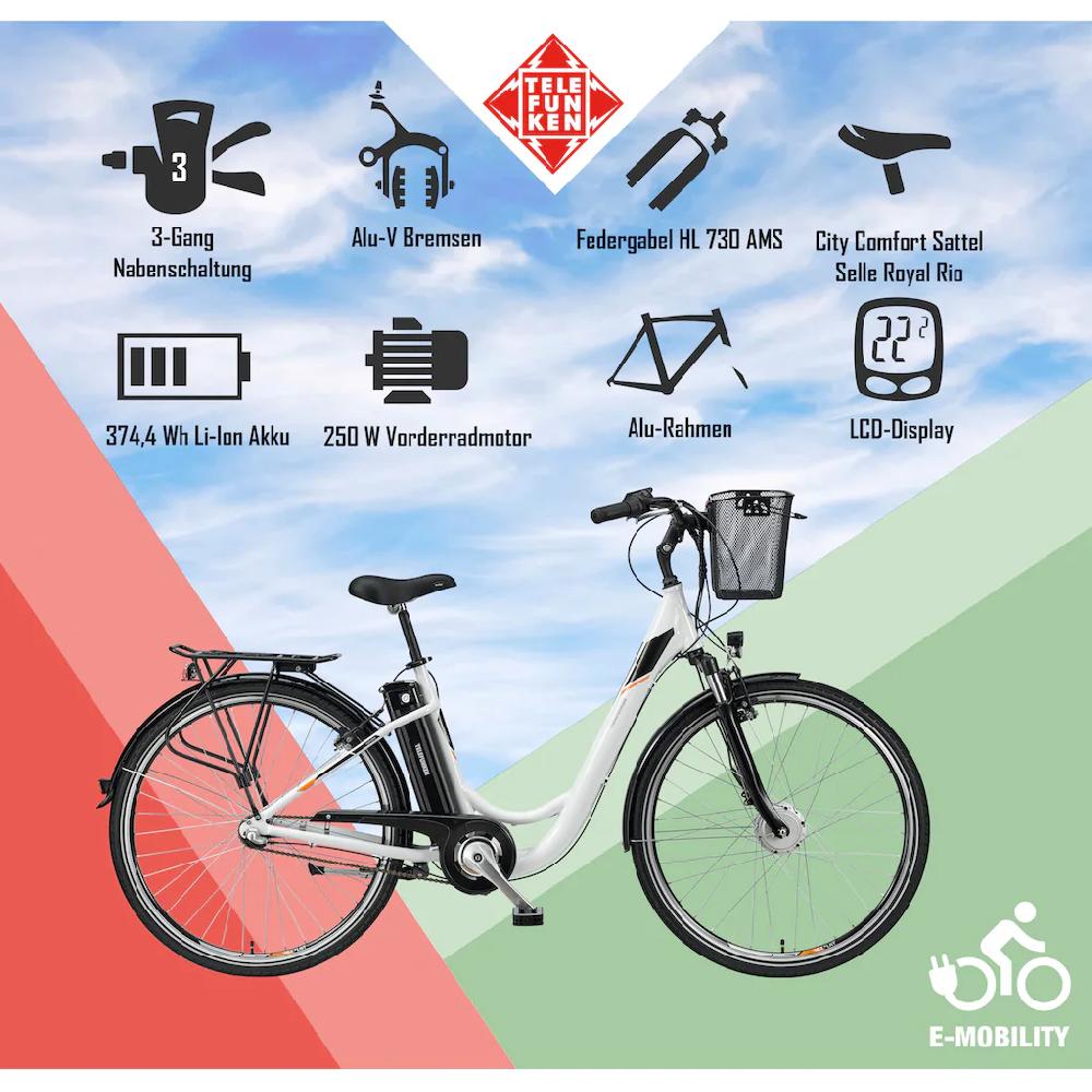 Telefunken E-Bike »Multitalent RC830« 3 Gang Shimano Nexus Frontmotor 250 W Pedelec Elektrofahrrad für Damen u. Herren Cityrad auf Rechnung kaufen Saisonale Angebote