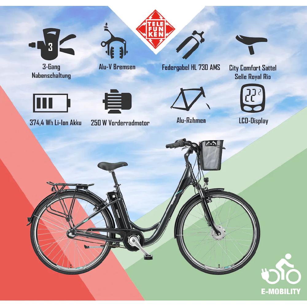 Telefunken E-Bike »Multitalent RC830« 3 Gang Shimano Nexus Frontmotor 250 W Pedelec Elektrofahrrad für Damen u. Herren Cityrad auf Raten Räumungsverkauf