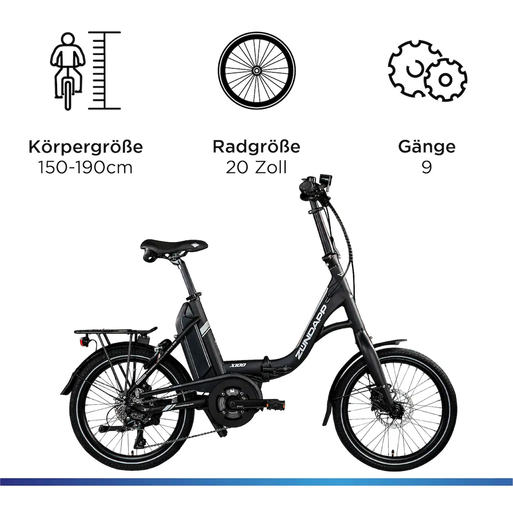 Zündapp E-Bike »X100« 9 Gang Shimano Sora Mittelmotor 250 W Pedelec Elektrofahrrad für Damen u. Herren Faltrad Riesige Ersparnisse
