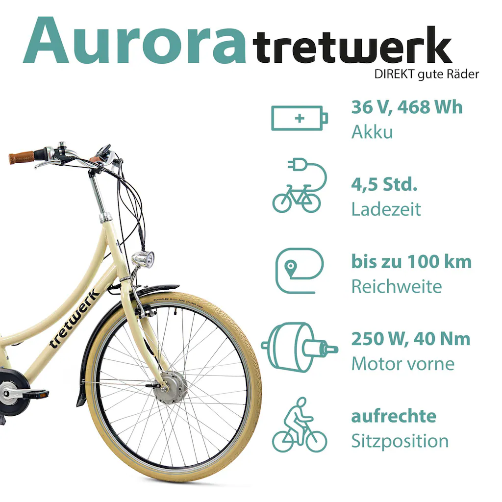 Tretwerk E-Bike »Aurora« 7 Gang Frontmotor 250 W (im Retro-Stil) Pedelec Elektrofahrrad für Damen u. Herren Cityrad Tiefpreis