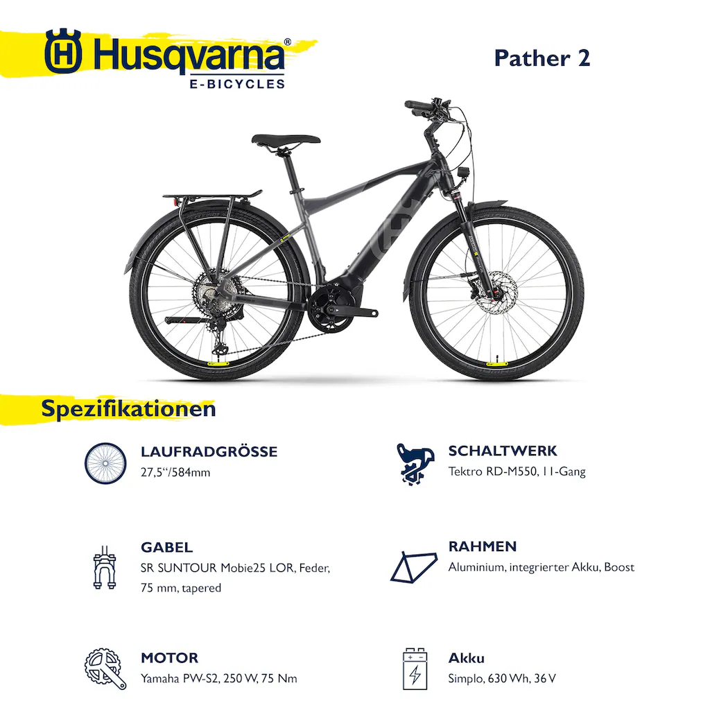 Husqvarna E-BICYCLES E-Bike »E-Trekkingbike Pather 2 Herren« 11 Gang Tektro RD-M550 Mittelmotor 250 W (27 5 Zoll Yamaha Motor Scheibenbremsen mit Straßenzulassung) Pedelec Elektrofahrrad für Herren Trekkingrad Super Sparpreis