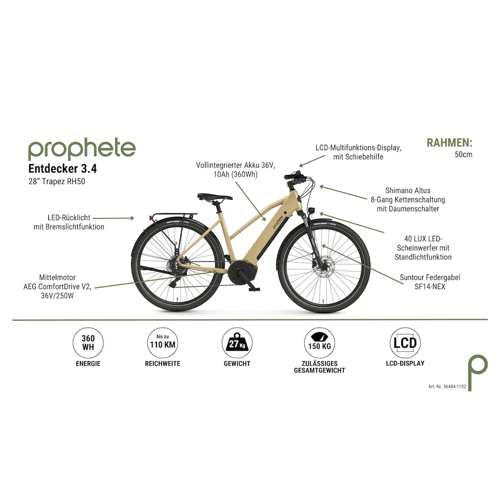 Prophete E-Bike »Entdecker 3.4« 8 Gang Shimano Mittelmotor 250 W Pedelec Elektrofahrrad für Damen Trekkingrad auf Rechnung bestellen Letzter Tag
