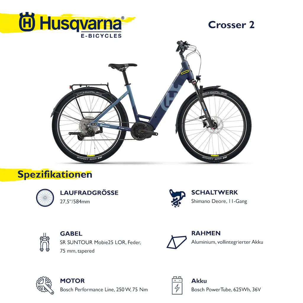 Husqvarna E-BICYCLES E-Bike »E-Trekkingbike Crosser 2« 11 Gang Shimano Deore RD-M5100 Mittelmotor 250 W (27 5 Zoll Bosch Motor Scheibenbremsen Straßenzulassung) Pedelec Elektrofahrrad für Herren u. Damen Trekkingrad auf Rate Nur für heute