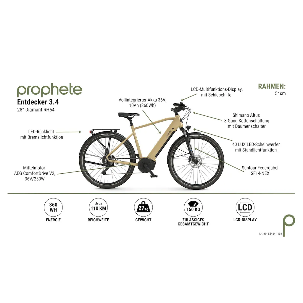 Prophete E-Bike »Entdecker 3.4« 8 Gang Shimano Mittelmotor 250 W Pedelec Elektrofahrrad für Herren Trekkingrad auf Rechnung Sonderangebot der Fabrik