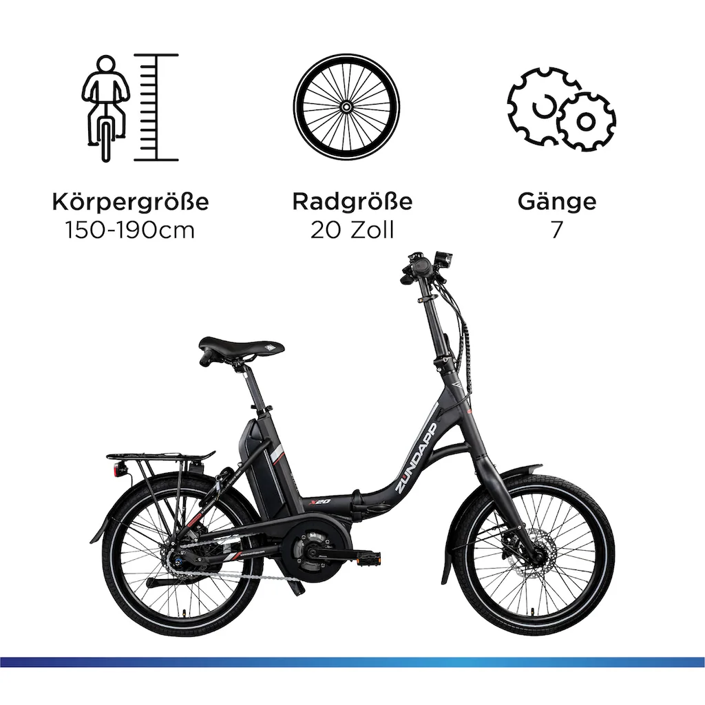 Zündapp E-Bike »X20« 7 Gang Shimano Nexus Mittelmotor 250 W Pedelec Elektrofahrrad für Damen u. Herren Faltrad Meist gekauft