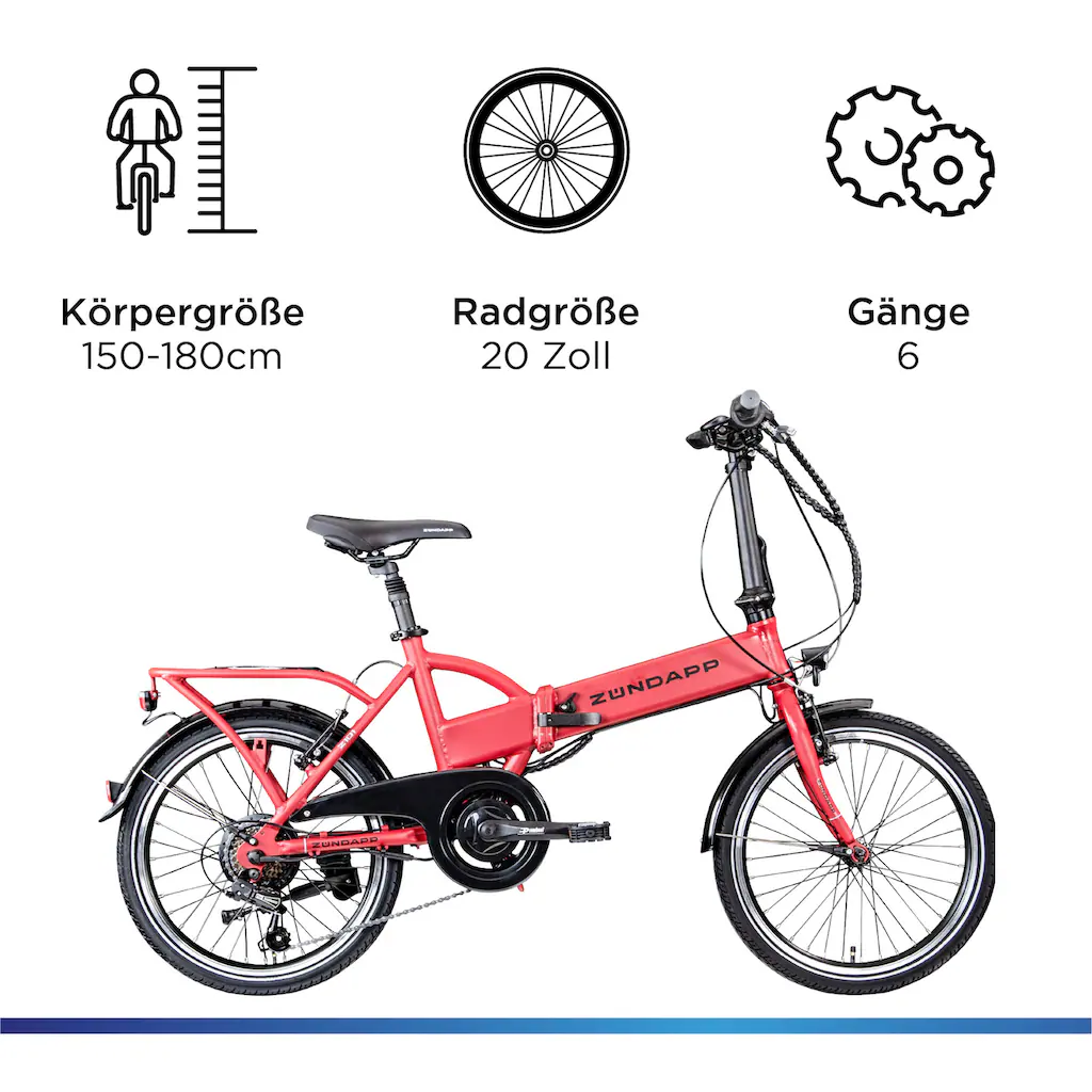 Zündapp E-Bike »Z101« 6 Gang Shimano Tourney RD-TY300 Heckmotor 250 W Pedelec Elektrofahrrad für Damen u. Herren Faltrad Online Outlet