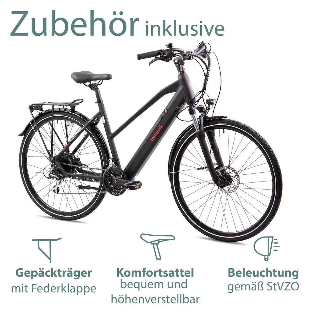 Tretwerk E-Bike »Seville 5.0« 24 Gang Shimano Heckmotor 250 W Pedelec Elektrofahrrad für Damen u. Herren Trekkingrad Bis zu 55% Rabatt