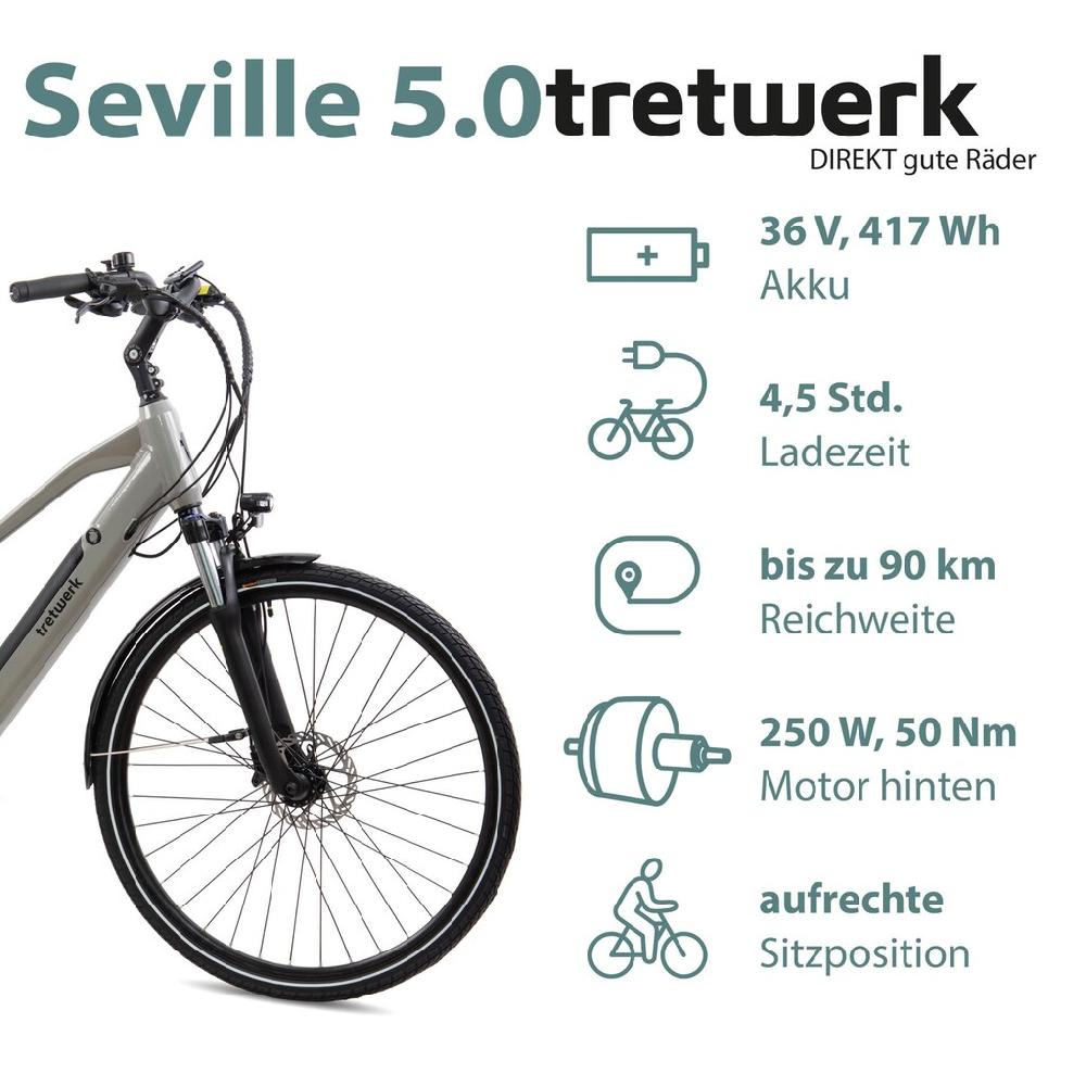 Tretwerk E-Bike »Seville 5.0« 24 Gang Shimano Heckmotor 250 W Pedelec Elektrofahrrad für Damen u. Herren Trekkingrad auf Rechnung kaufen Im Verkauf