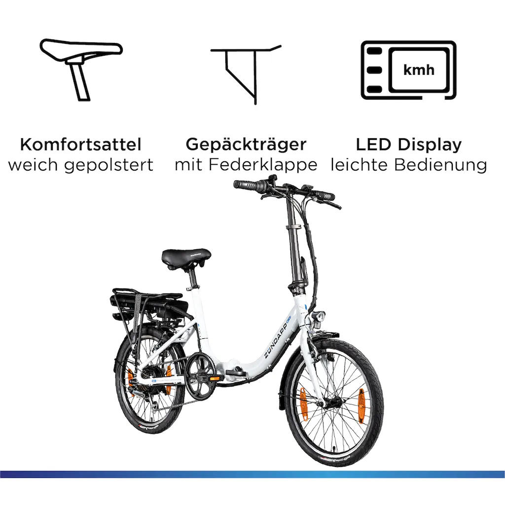 Zündapp E-Bike »Z110« 7 Gang Shimano RD-TY21 Tourney Heckmotor 250 W Pedelec Elektrofahrrad für Damen u. Herren Klapprad auf Rechnung online bestellen Online