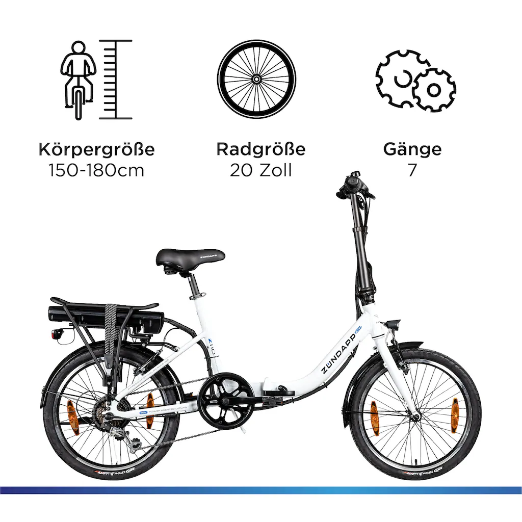 Zündapp E-Bike »Z110« 7 Gang Shimano RD-TY21 Tourney Heckmotor 250 W Pedelec Elektrofahrrad für Damen u. Herren Klapprad auf Rechnung online bestellen Online
