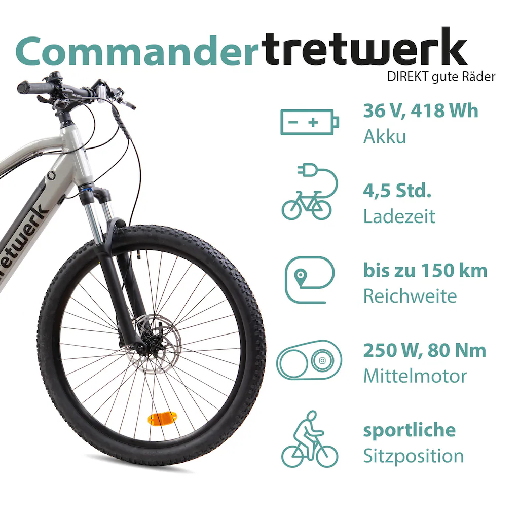 Tretwerk E-Bike »Commander« 9 Gang Shimano Altus M2000 Mittelmotor 250 W Pedelec Elektrofahrrad für Damen u. Herren MTB Mountainbike Auslauf
