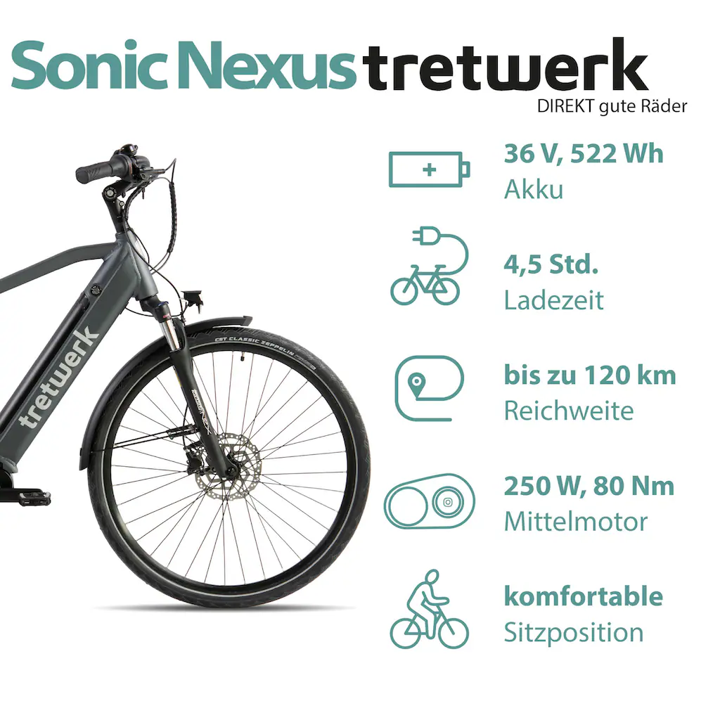 Tretwerk E-Bike »Sonic Nexus« 7 Gang Mittelmotor 250 W Pedelec Elektrofahrrad für Damen u. Herren Trekkingrad auf Rechnung online kaufen Saisonschlussverkauf