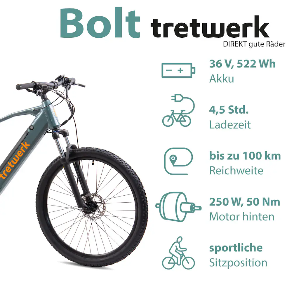 Tretwerk E-Bike »Bolt« Shimano Heckmotor 250 W Pedelec Elektrofahrrad für Damen u. Herren MTB Mountainbike Weihnachtsangebot