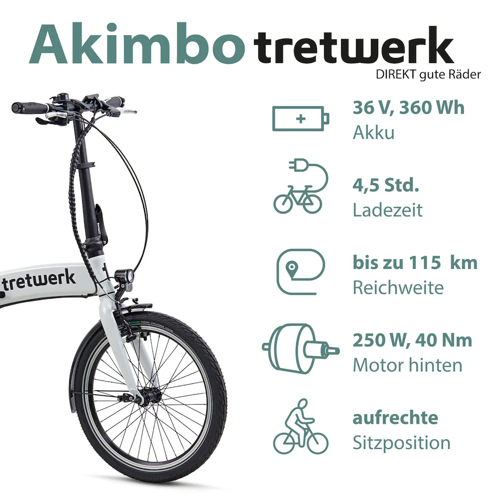 Tretwerk E-Bike »Akimbo« 8 Gang Shimano Acera M3020 SGS Heckmotor 250 W Pedelec Elektrofahrrad für Damen u. Herren Faltrad auf Rechnung online bestellen Vatertagsangebot