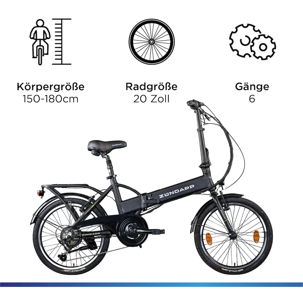 Zündapp E-Bike »Z101« 6 Gang Shimano Tourney RD-TY300 Heckmotor 250 W Pedelec Elektrofahrrad für Damen u. Herren Faltrad auf Rechnung kaufen Blitzangebot