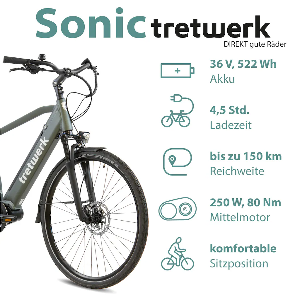 Tretwerk E-Bike »Sonic« 8 Gang Shimano Acera M3020 SGS Mittelmotor 250 W Pedelec Elektrofahrrad für Damen u. Herren Trekkingrad auf Rechnung Sonderangebote