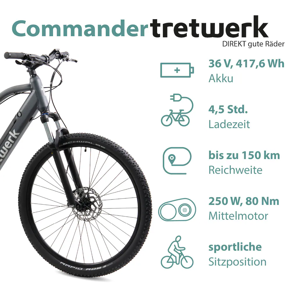 Tretwerk E-Bike »Commander« 9 Gang Shimano Altus SGS Mittelmotor 250 W Pedelec Elektrofahrrad für Damen u. Herren MTB Mountainbike auf Rechnung Letzte 3 Tage