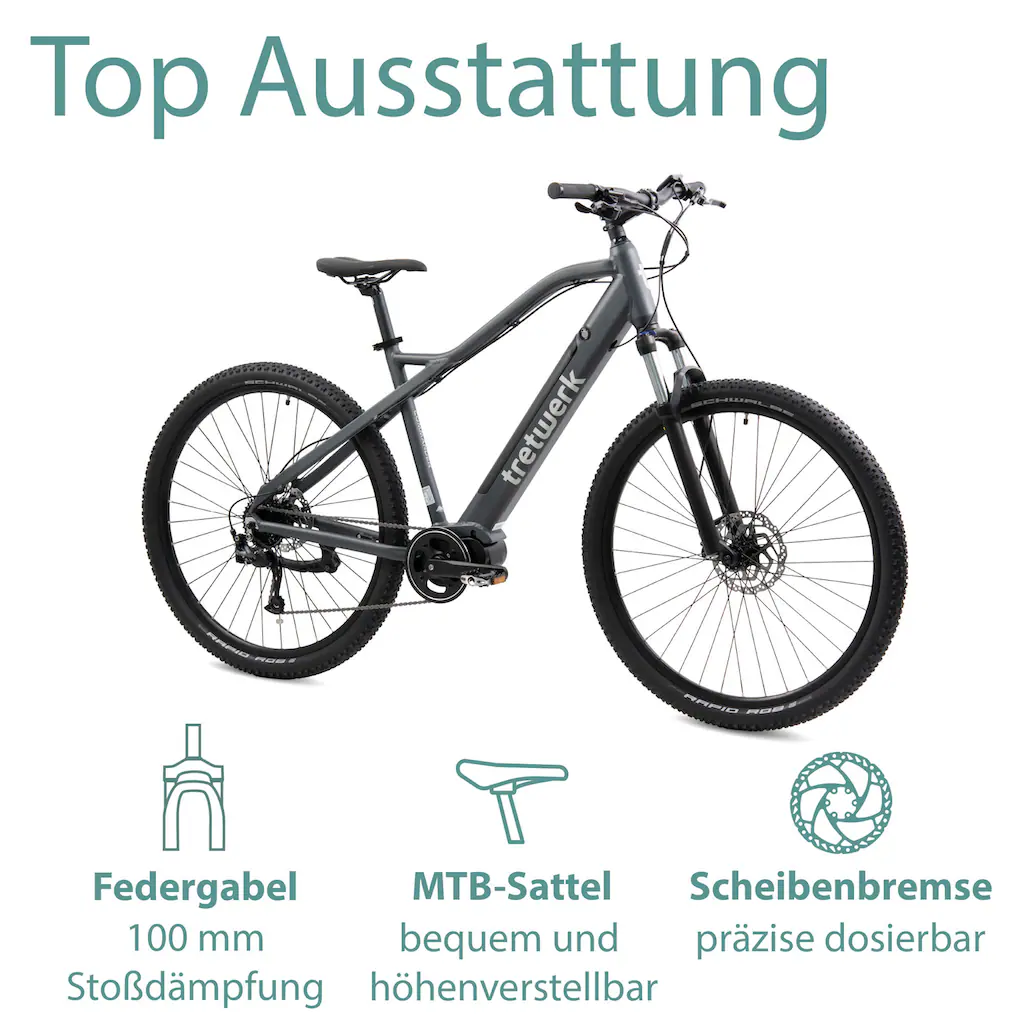 Tretwerk E-Bike »Commander« 9 Gang Shimano Altus SGS Mittelmotor 250 W Pedelec Elektrofahrrad für Damen u. Herren MTB Mountainbike auf Rechnung Letzte 3 Tage