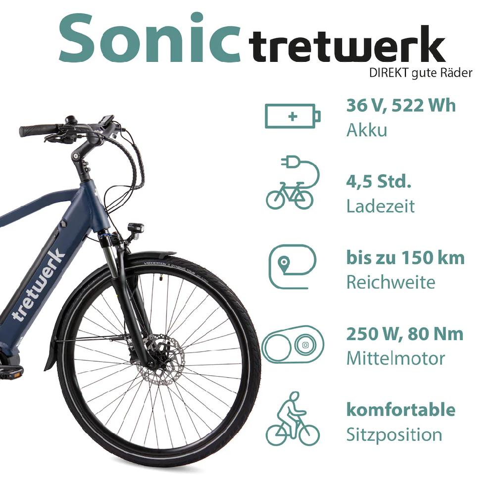 Tretwerk E-Bike »Sonic« 8 Gang Shimano Acera M3020 SGS Mittelmotor 250 W Pedelec Elektrofahrrad für Damen u. Herren Trekkingrad auf Rechnung Bis zu 50% Rabatt