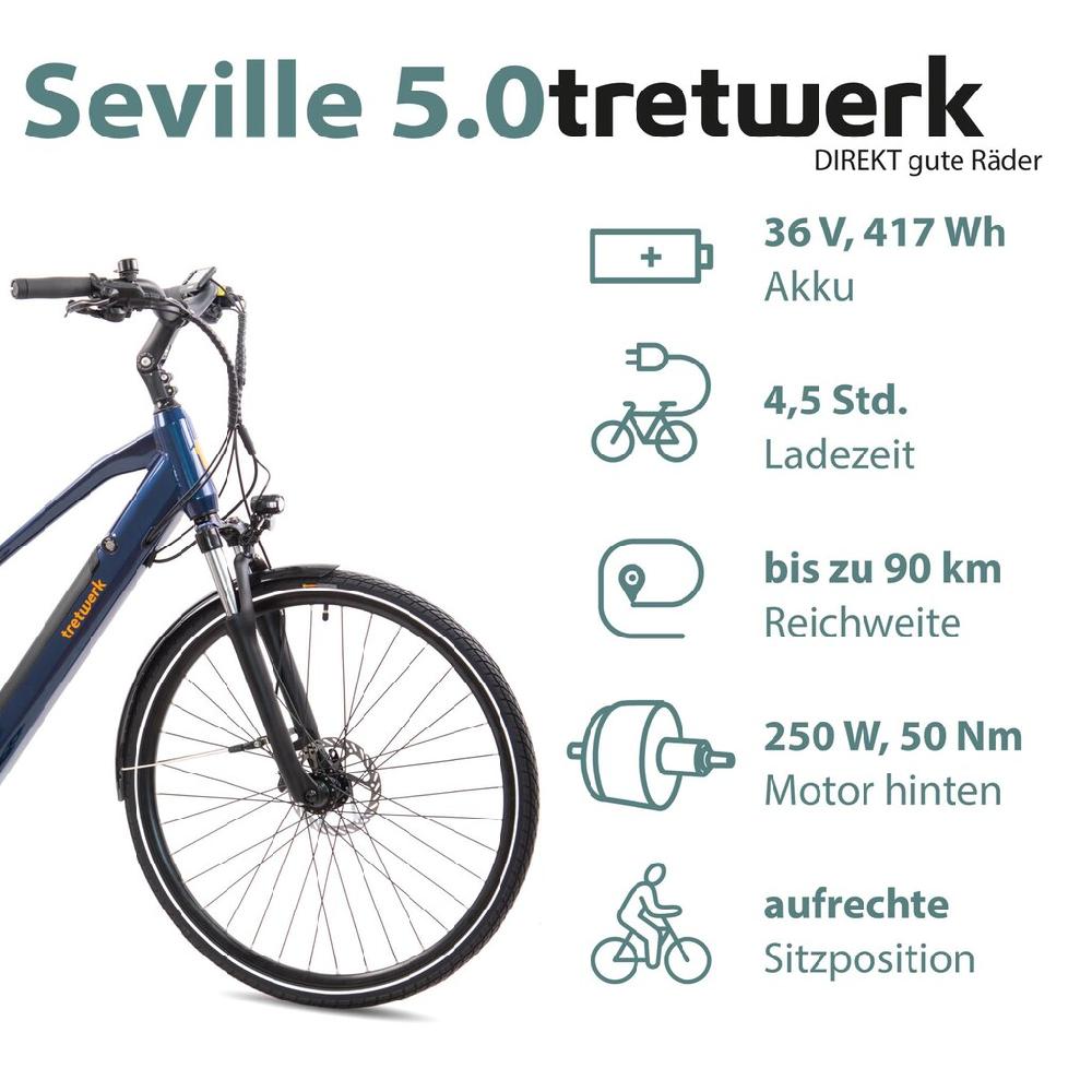Tretwerk E-Bike »Seville 5.0« 24 Gang Shimano Heckmotor 250 W Pedelec Elektrofahrrad für Damen u. Herren Trekkingrad auf Rechnung Clearance-Verkauf