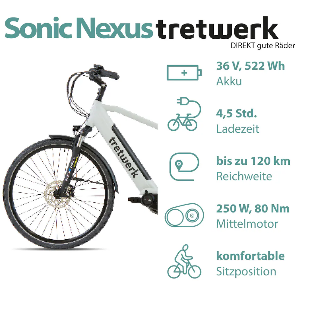 Tretwerk E-Bike »Sonic Nexus« 7 Gang Mittelmotor 250 W Pedelec Elektrofahrrad für Damen u. Herren Trekkingrad auf Rechnung online kaufen Kostenloser Versand international