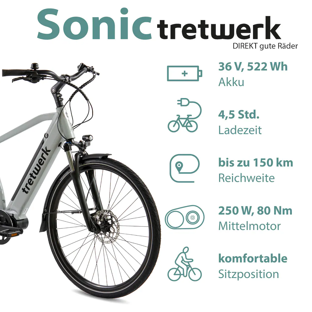 Tretwerk E-Bike »Sonic« 8 Gang Shimano Acera M3020 SGS Mittelmotor 250 W Pedelec Elektrofahrrad für Damen u. Herren Trekkingrad Begrenzt auf 3 Tage