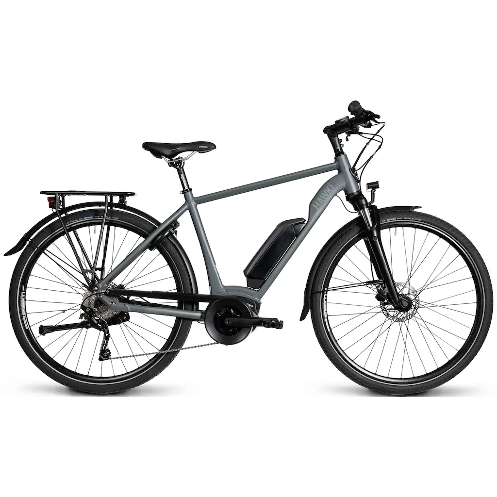 HAWK Bikes E-Bike »E-Trekking 500 Gent« 10 Gang Shimano Deore Mittelmotor 250 W Pedelec Elektrofahrrad für Damen u. Herren Trekkingrad auf Rechnung