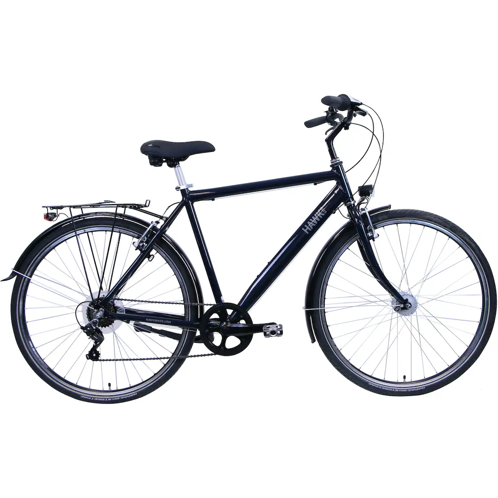 HAWK Bikes Cityrad »CityTrek Easy Blue Gent« 7 Gang Shimano Tourney Schaltwerk Kettenschaltung für Damen und Herren Kettenschaltung auf Raten